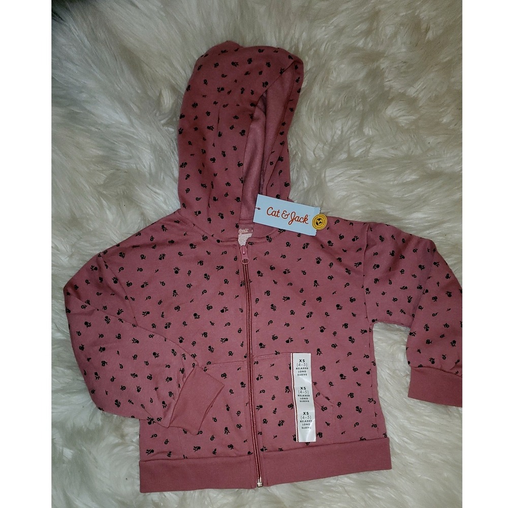 Cat & Jack Girls Pink Floral Zip-Up Hoodie Fleece Sweatshirt XS 4-5 NWT
